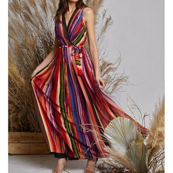 NWOT Donna Ricco Striped V-Neck Maxi DRESS Women’s Size 4 Rainbow Pride 🌈 WOW! - Picture 1 of 17